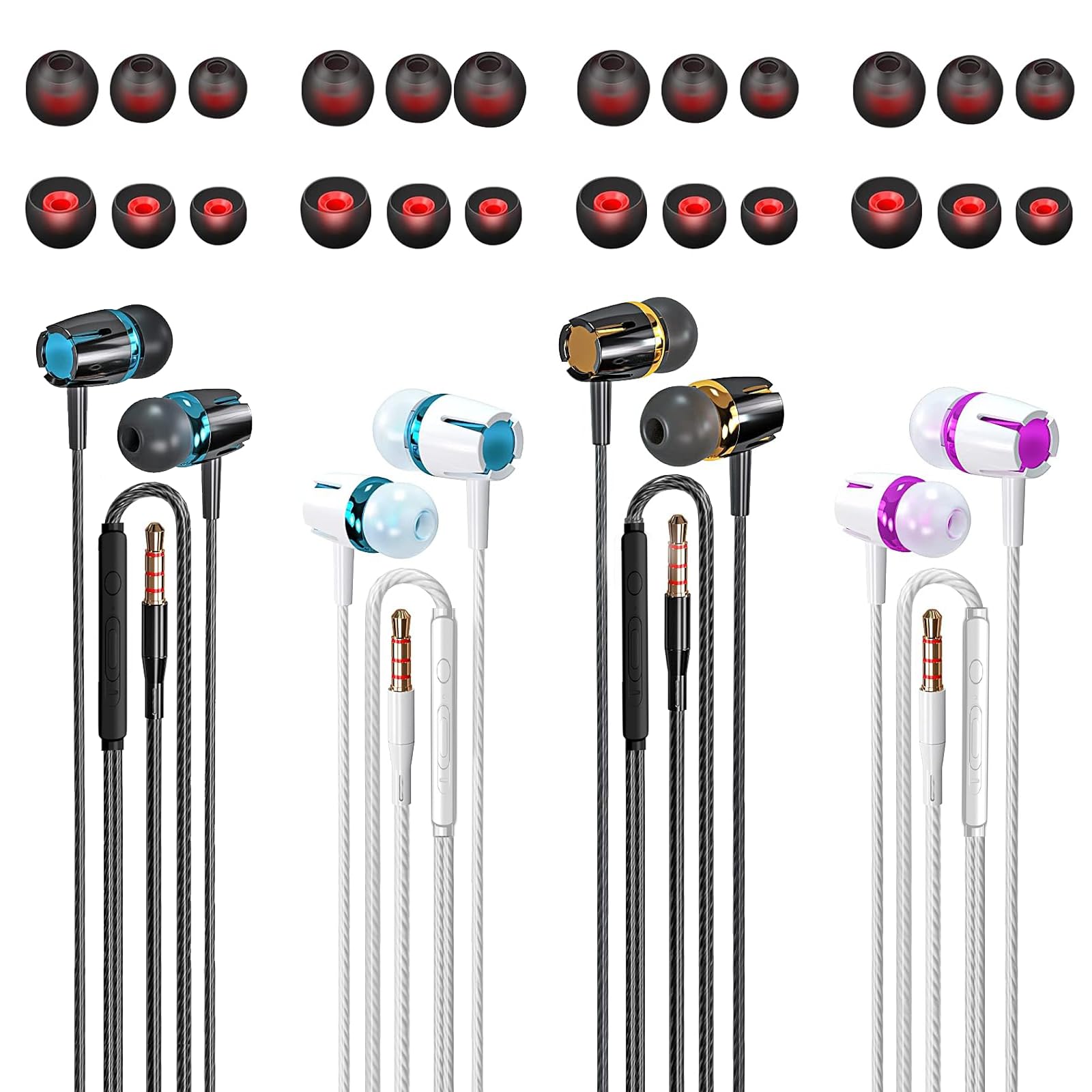 In Ear Wired Headphones,4 Packs Wired Earphones with Microphone&Volume Control and 12 Pairs Replacement Earplugs,Noise Isolating & Deep Bass Headphones in Ear for i-Phone,i-Pad, Smartphone,MP3 Players