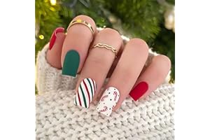 MUAGORN Christmas Press On Nails Short Square, 24pcs Matte Christmas Fake Nails, Green Red Stripe Crutch Designs Stick On/Glue On Nails For Women Girls Christmas Nail Decoration (Christmas Stripes)