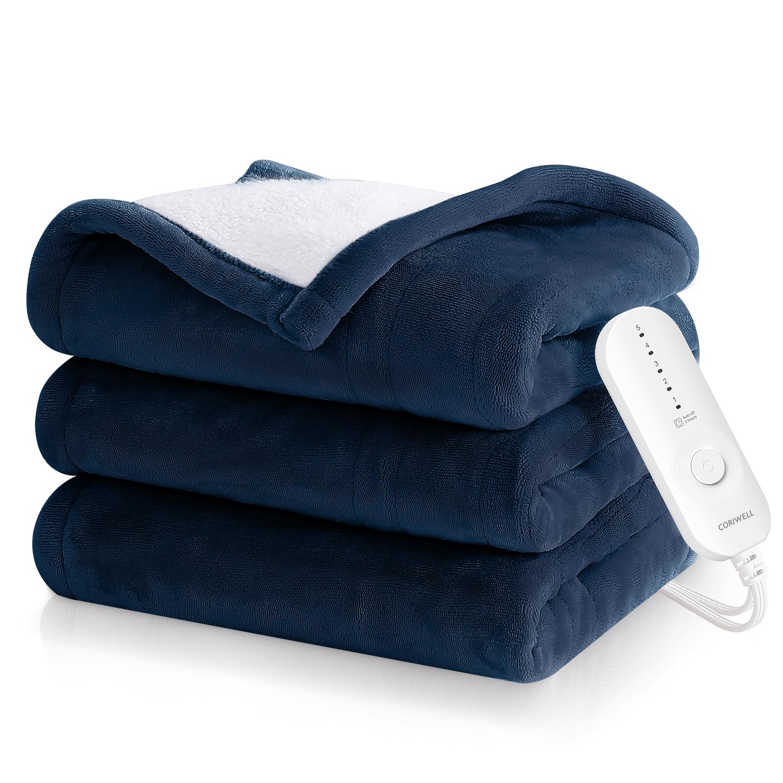 Photo 1 of CORIWELL Heated Throw Blanket - 50" x 60" Flannel Electric Heat Blanket for Office Chair - Washable Heating Blanket with 5 Heating Levels & 3 Hours Auto Shut Off, Machine Washable (Blue)