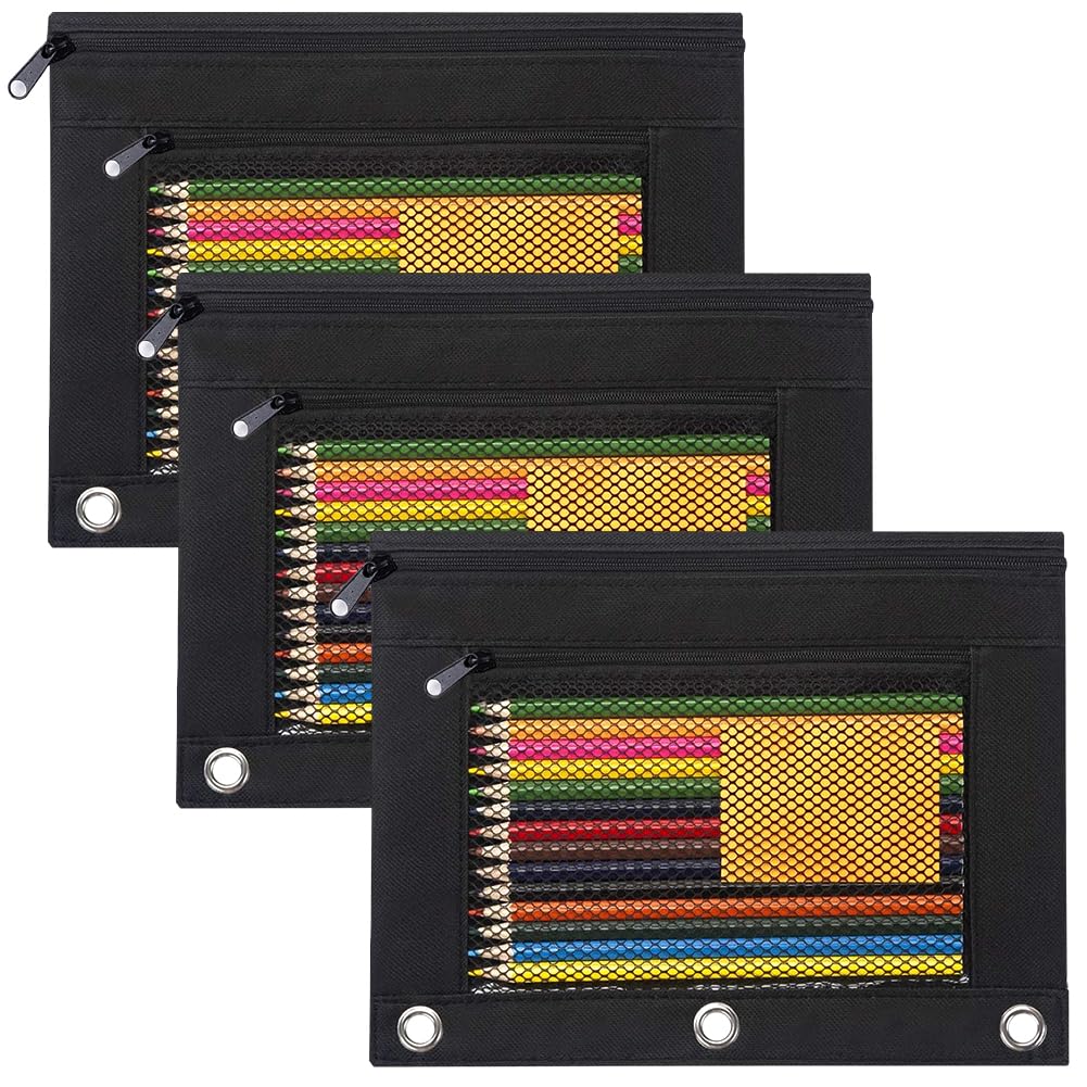 CRASPIRE 3Pcs Zippered Pencil Pouches for 3 Ring Binder Black Pen Case Cloth Zipper Pencil Pouch Case for Binder Zipper Pencil Bag for School Office Supplies Writing Utensils