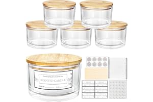 CONNOO 24oz Clear Glass Candle Jars 6 Pack, Multi-Wick Wide Mouth Empty Bulk Candle Containers for Making Candles with Airtight Bamboo Lids, Sticky Warning Labels, Wick kit- Dishwasher Safe