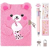 PrinBarBee Bear Diary with Lock,Cute Diary for 6 7 8 Year Old Girl,Kids Journal Notebook Set with Multicolored Pen,Plush Secret Diary Lined 160 Pages,Christmas Birthday Set for Kids
