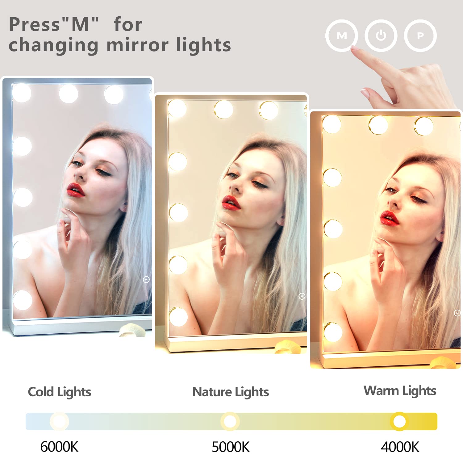 Vanity Mirror with Lights Lighted Makeup Mirror with 15 Dimmable LED Bulbs,3 Color Lighting Modes,USB Charging Port Touch Control,Sturdy Metal Frame Design 24x18 Inch,White