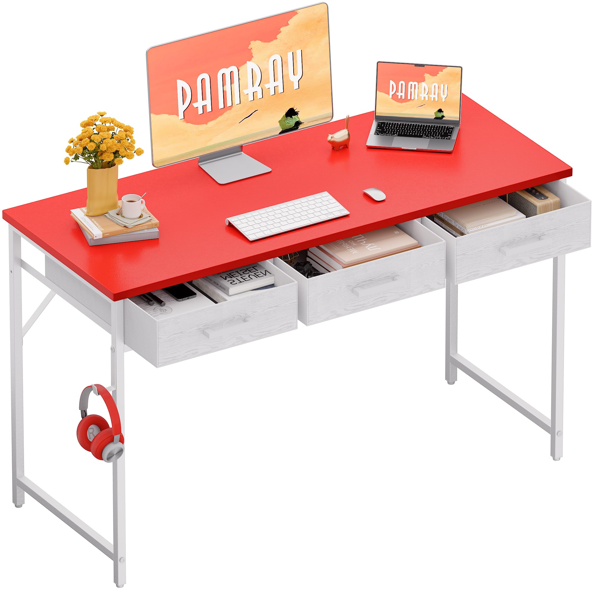 Pamray 47 Inch Small Computer Desk with 3 Drawers for Bedroom Study Writing Home Office Table for Small Spaces Red Image