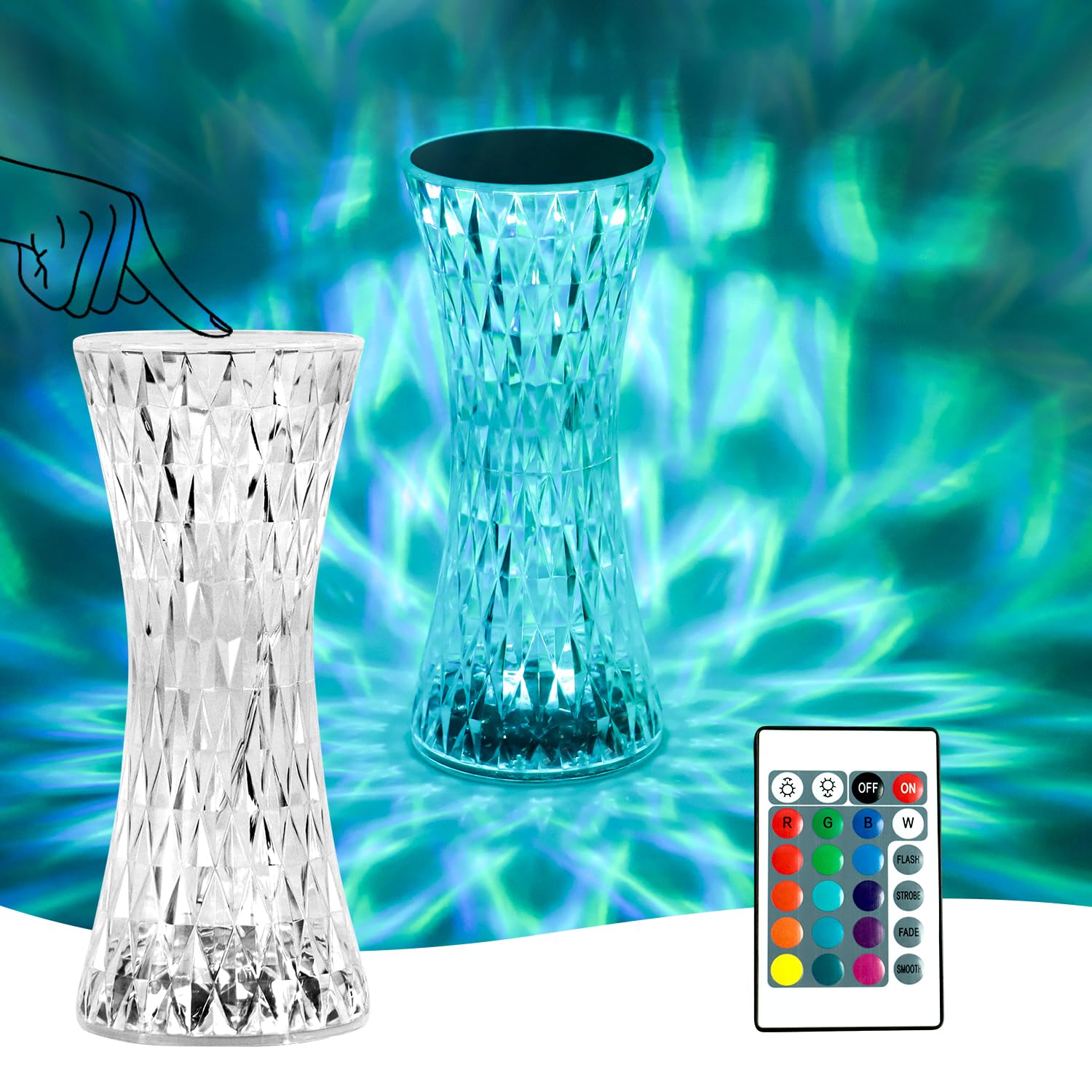 himmel LED Crystal Table Lamp, Modern Creativity Acrylic Diamond Bedside Lamp Touch and Dimmable [16 Colours & 4 Modes] with Remote Control, RGB Colour Changing Night Light for Bedroom