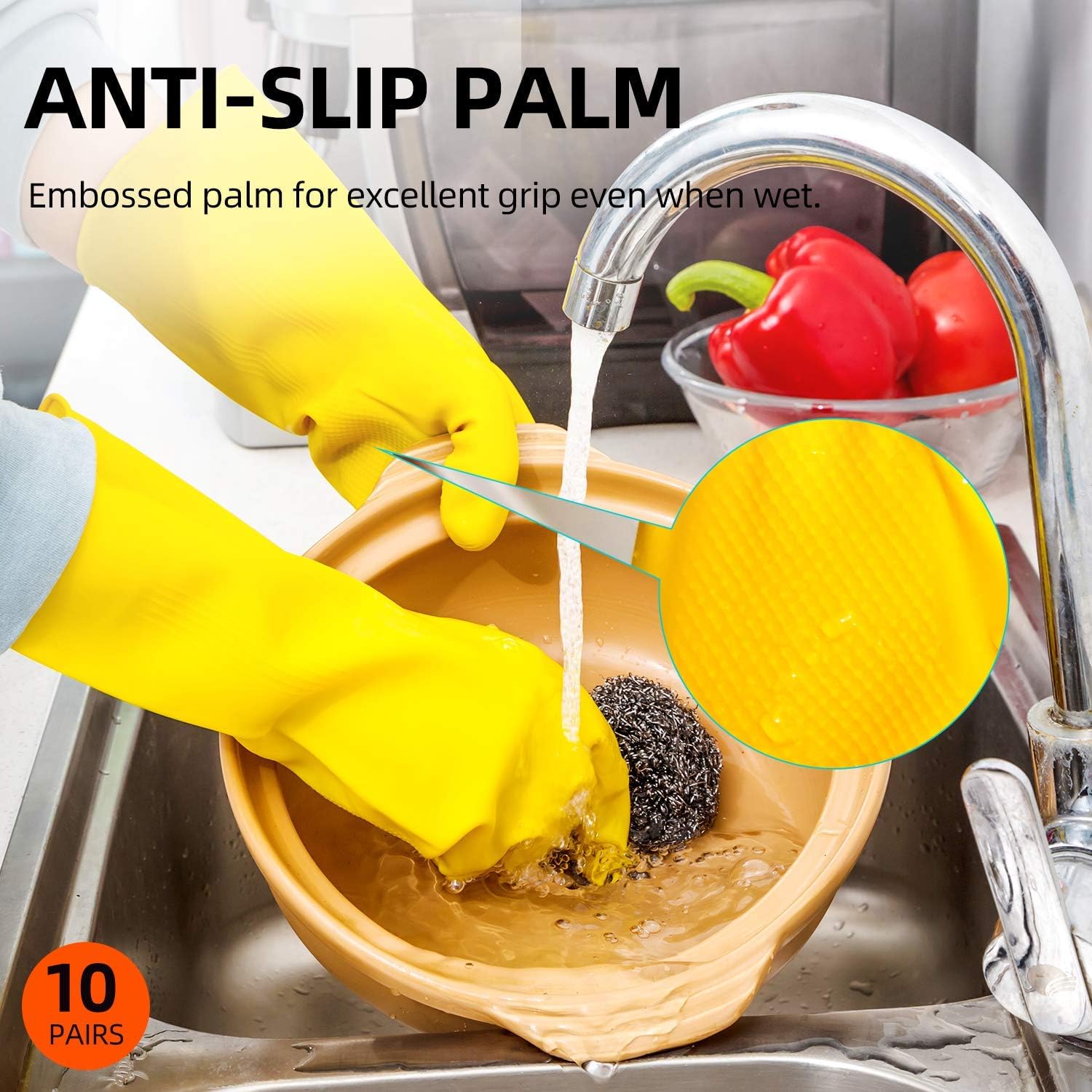 Vgo 10-Pairs Reusable Household Gloves, Rubber Dishwashing gloves, Extra Thickness, Long Sleeves, Kitchen Cleaning, Working, Painting, Gardening, Pet Care (Size L, Yellow, HH4601): Health & Personal Care