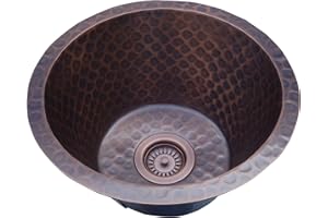 Copper Tailor Copper Bar Prep Sink Undermount,Copper Kitchen Sink,14-Inch, Hand Hammered 16 Gauge Thick,with Basket Drainer,Round Shape,Heavy Hammered-Medium Patina