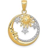 14k Yellow Gold and Rhodium Celestial Pendant with Sun Moon and Stars Design, Crescent Moon Symbol, Astrology Jewelry for Women, Cosmic Charm Necklace, Spiritual Nature Inspired Jewelry Piece