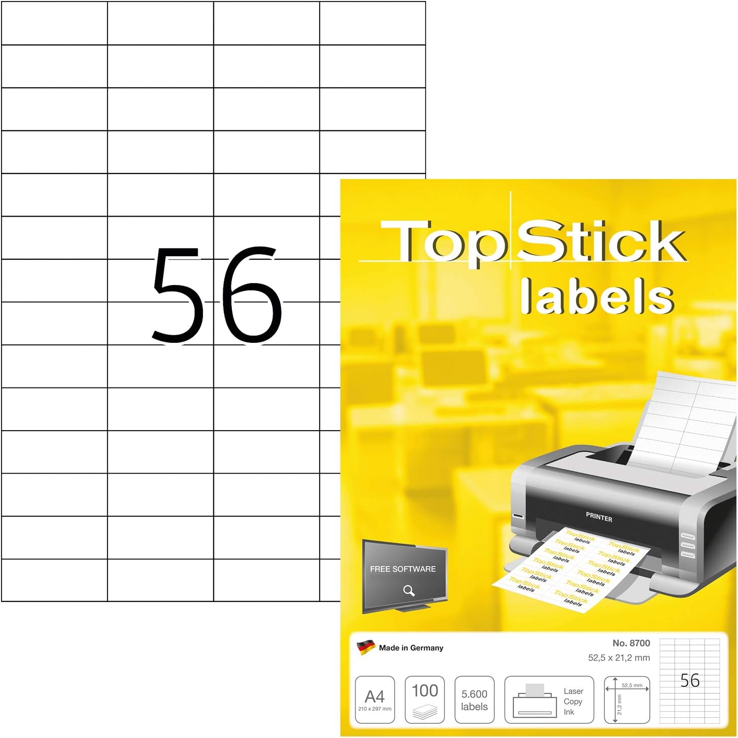 TopStick A4 Self Adhesive Address Labels, 56 Labels Per Sheet, 100 Sheets, 5,600 Labels, 52.5 x 21.2 mm