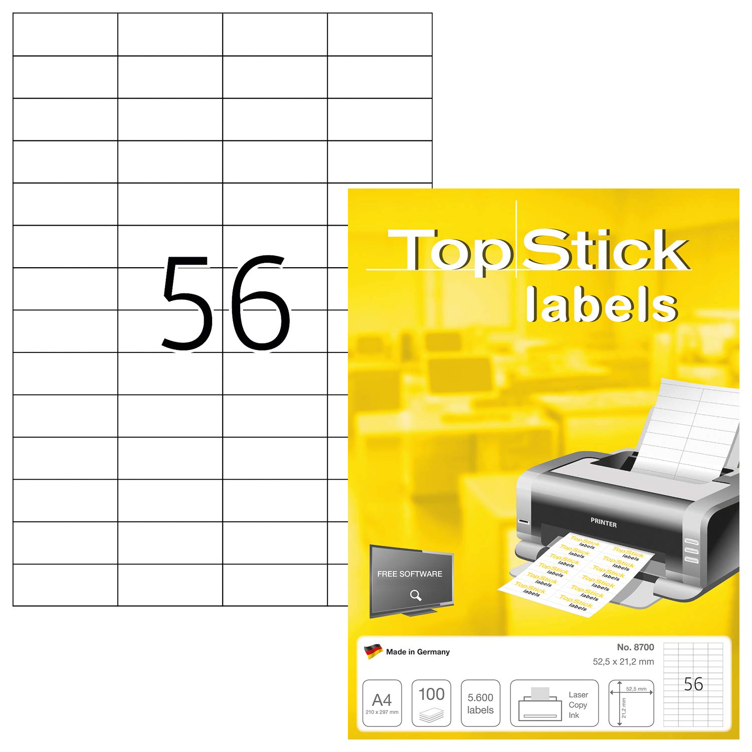 TopStick A4 Self Adhesive Address Labels, 56 Labels Per Sheet, 100 Sheets, 5,600 Labels, 52.5 x 21.2 mm, Blank Printer Labels For Laser & Inkjet, Printable Sticky Paper Labels for Office & Home