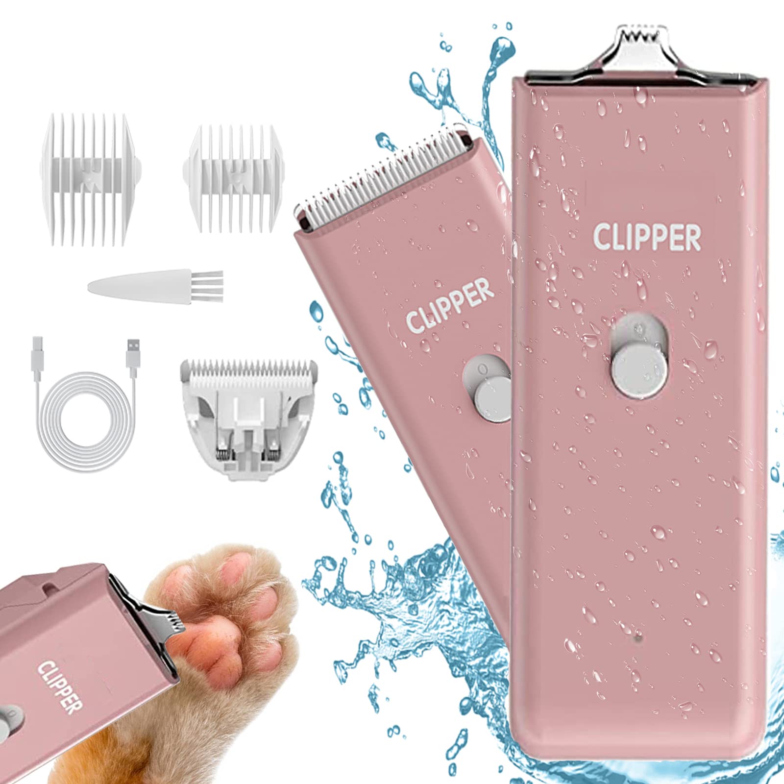 Dog Clippers,Pet Hair Trimmer Low Noise Washable USB Rechargeable Cordless Dog Grooming Kit with Wide & Narrow Blade,Electric Pet Feet Hair Trimmer for Cats Dogs (Pink+Double Blades)