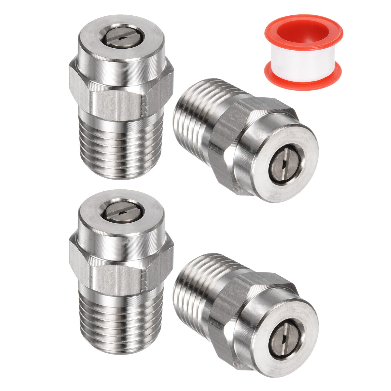 M METERXITY 4 Pack Surface Clean Tips - 25 Degree 1/4" NPT Male #25025 Pressure Washer Nozzles Cleaner Nozzle Replacement, Stainless Steel with Sealing Tape for Water Guns (0.977mm Orifice)