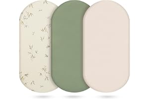 VRUELIA 3-Pack Cotton Muslin Bassinet Sheets - Fitted Elastic Mattress Cover for Baby Boys & Girls, Breathable Bedside Bassinet Sheets Neutral Colors (Fits Oval & Rectangle Shape) (Green)