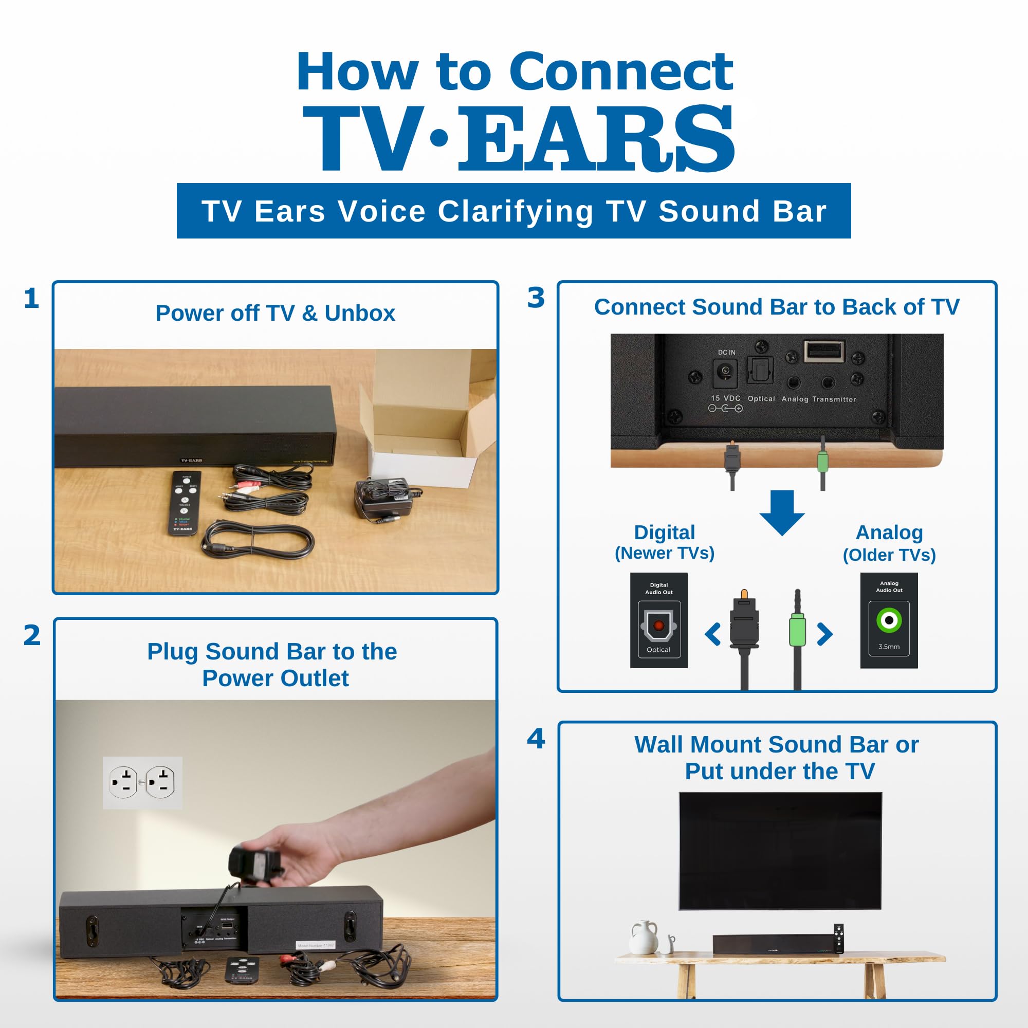 TV · EARS Sound Bar for TV, Voice Clarifying, Long Range Television Speakers, 17