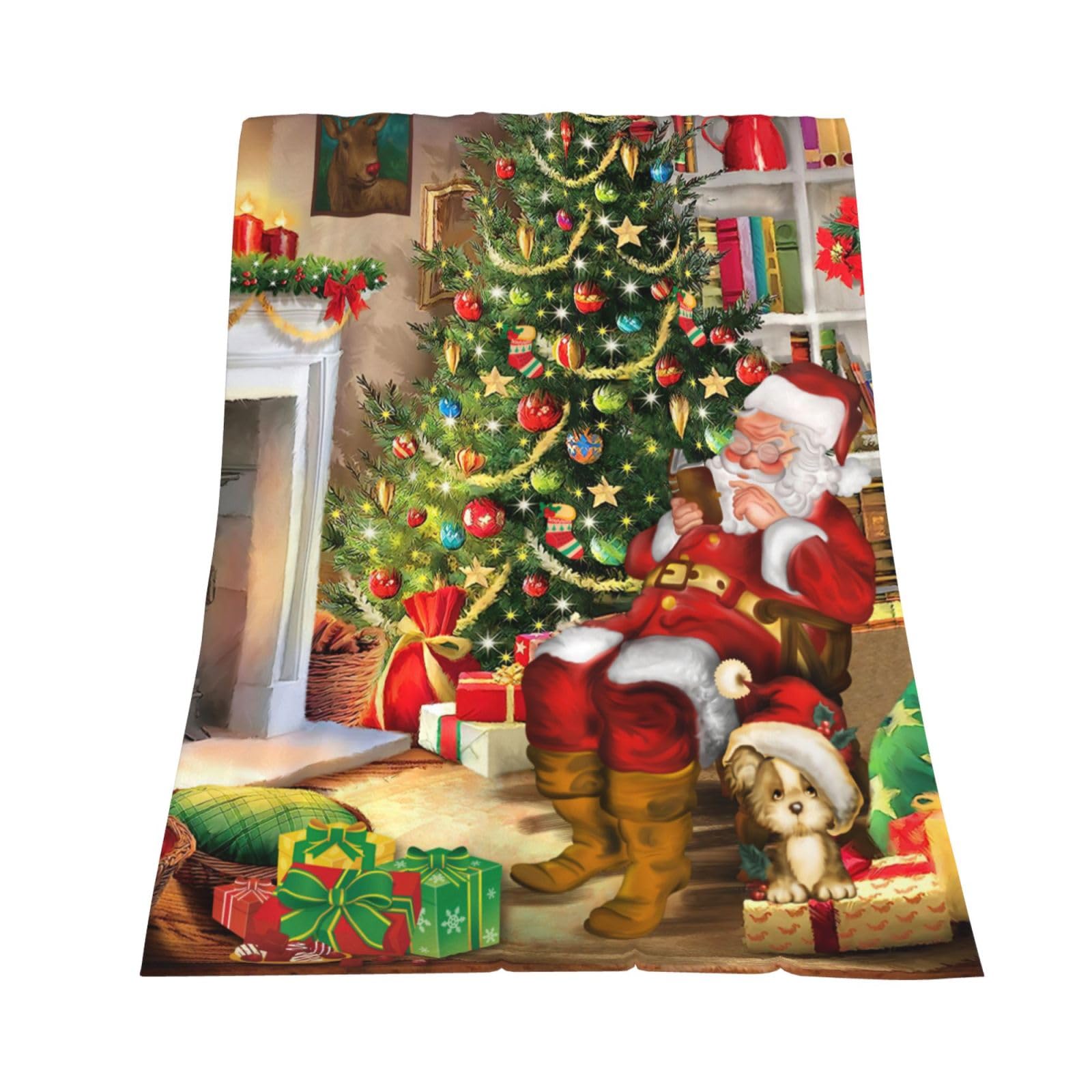Newhomestyle Christmas Santa Claus Print Throw Blanket, All Season Bed Lightweight Flannel Blanket, Cartoon Fuzzy Xmas Fleece Blanket for Bed Sofa Couch Home Bedroom Decor 100X125 cm