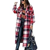 Peaceglad Women's Lounge Lapel Button Up Long Sleeve Plaid Long Shirt Jacket Shacket