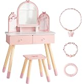 ROBOTIME Pink Kids Vanity Set with Butterfly Mirror Stool Age 3+, 39in&times;27in | Dress-up and makeup pretend play, butterfly mirror with stool and 2 drawers, builds confidence, birthday gift for age 3+