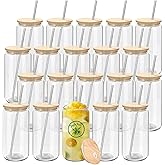 YOUKE OLA 20 Pack Glass Cups with Bamboo Lids and Metal Straw Can Shaped Drinking Glasses, Glass Tumbler Reusable Cute Cups for Whiskey, Iced Coffee, Tea, Soda, Cocktail, Gift, Clear 20oz