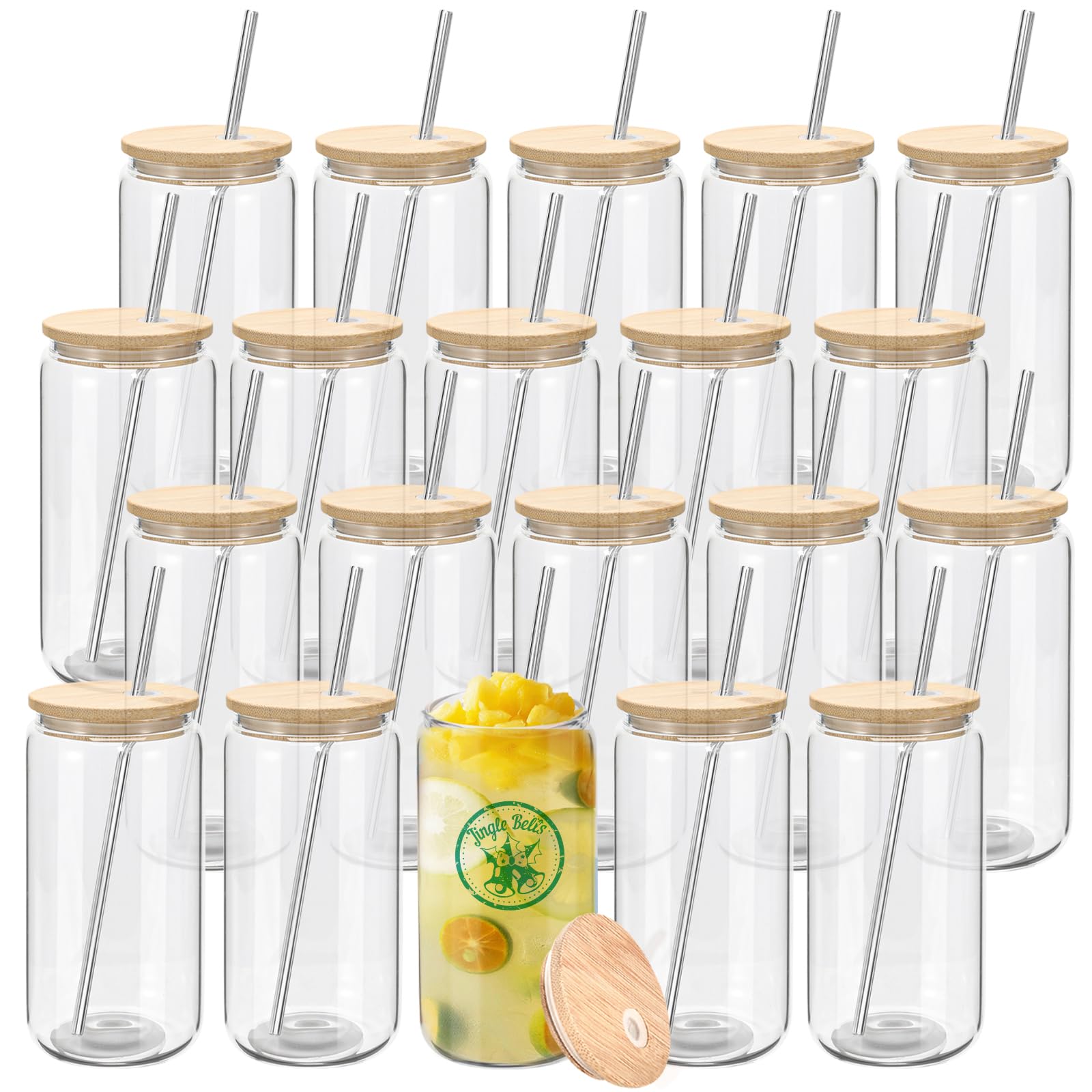 Photo 1 of YOUKE OLA 20 Pack Glass Cups with Bamboo Lids and Metal Straw Can Shaped Drinking Glasses, Glass Tumbler Reusable Cute Cups for Whiskey, Iced Coffee, Tea, Soda, Cocktail, Gift, Clear 20oz
