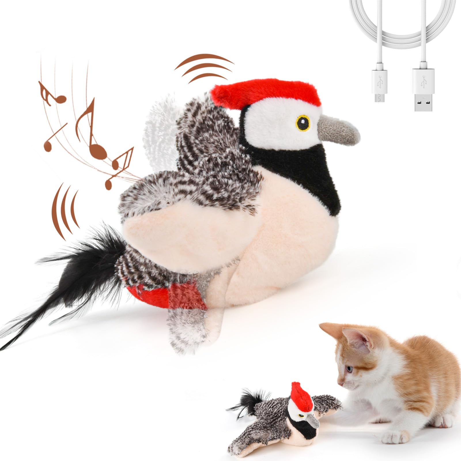 LIFLIX 猫 おもちゃ 鳥 電動 タッチ起動 動くぬいぐるみ 羽ばたく リアルな鳴き声 一人遊び またたび入り 充電式（キツツキ） の商品画像