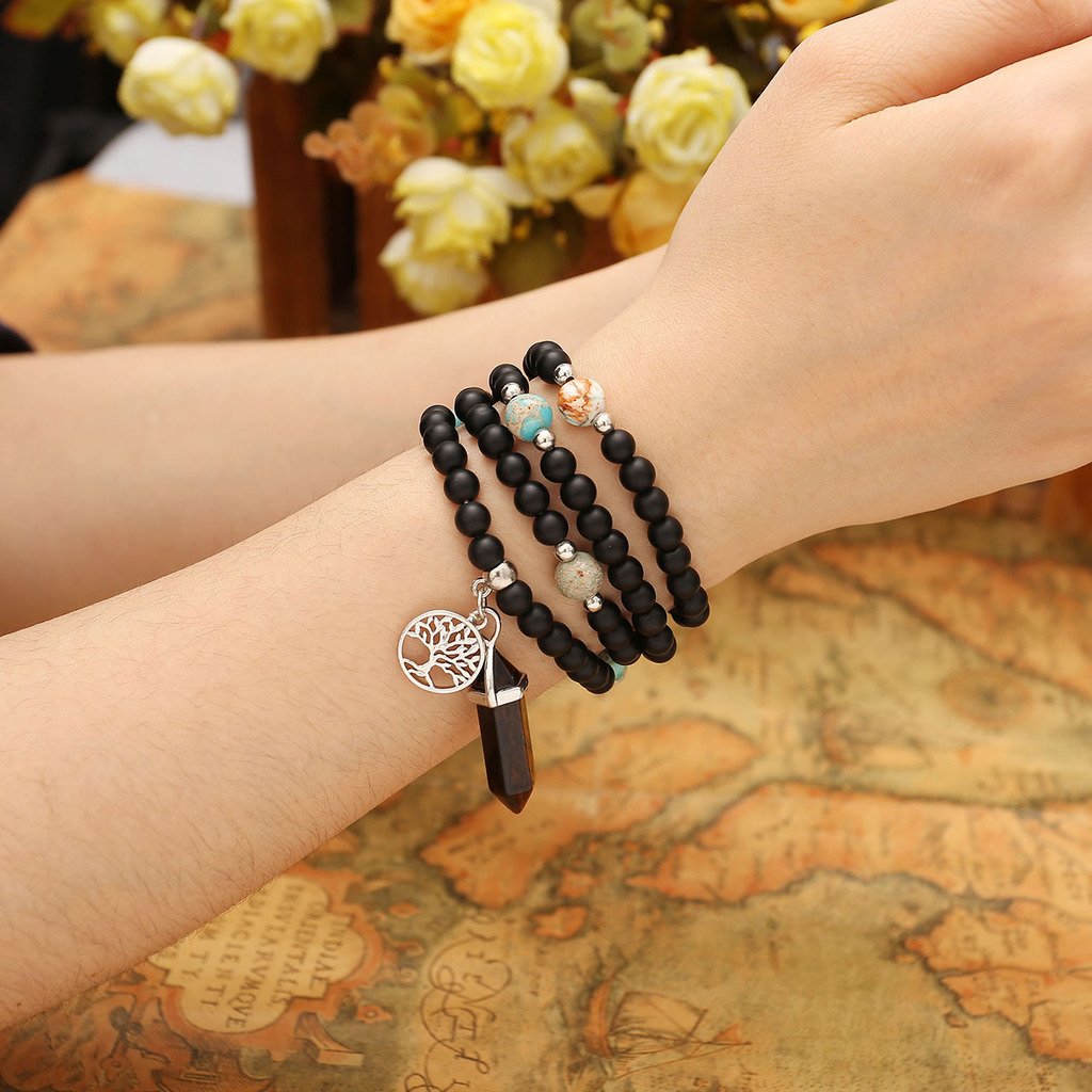 JOVIVI 6mm Matt Schwarz Achat Perlen Armband Buddha Armreif Wickelarmband Halskette mit Lebensbaum Hexagon Säulen Anhänger (Tigerauge)