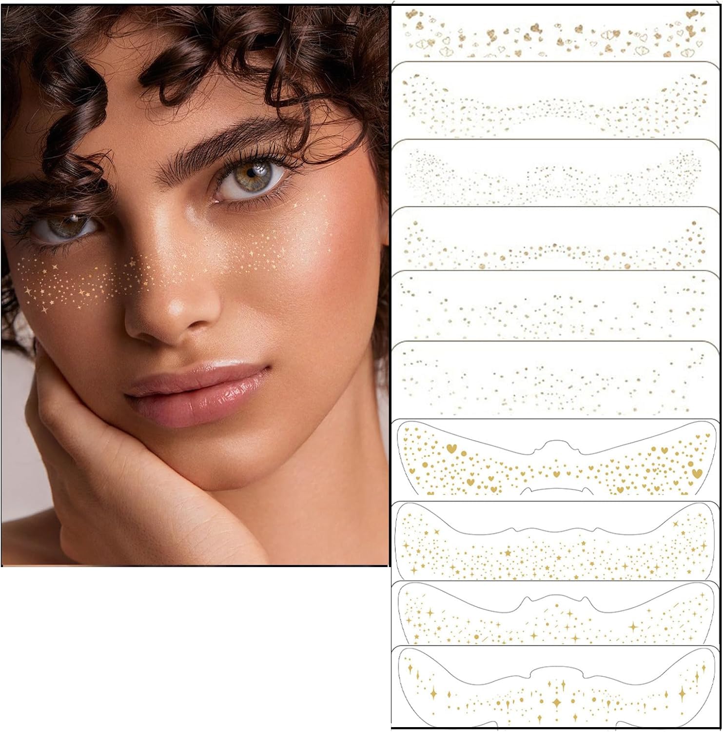 10 PCS Gold Glitter Freckles Face Tattoo - 10 Style Shapes Sparkle Freckles for Face, Long-Lasting Waterproof Glitter Face Stickers Face Makeup For Women