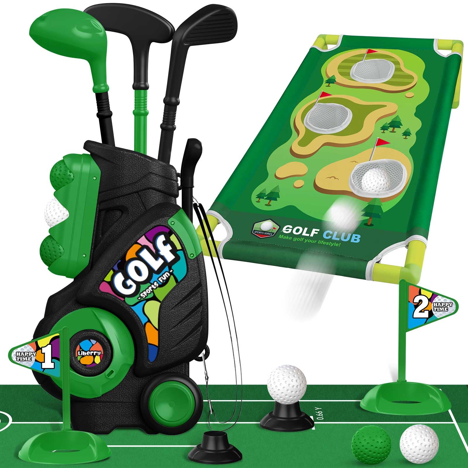Photo 1 of Liberry Toddler Golf Set for Age 2 3 4 5 Boys Girls, Upgraded Kids Golf Cart with Putting Mat & Cornhole Board, Outdoor Indoor Sports Toys for Birthday, Black
