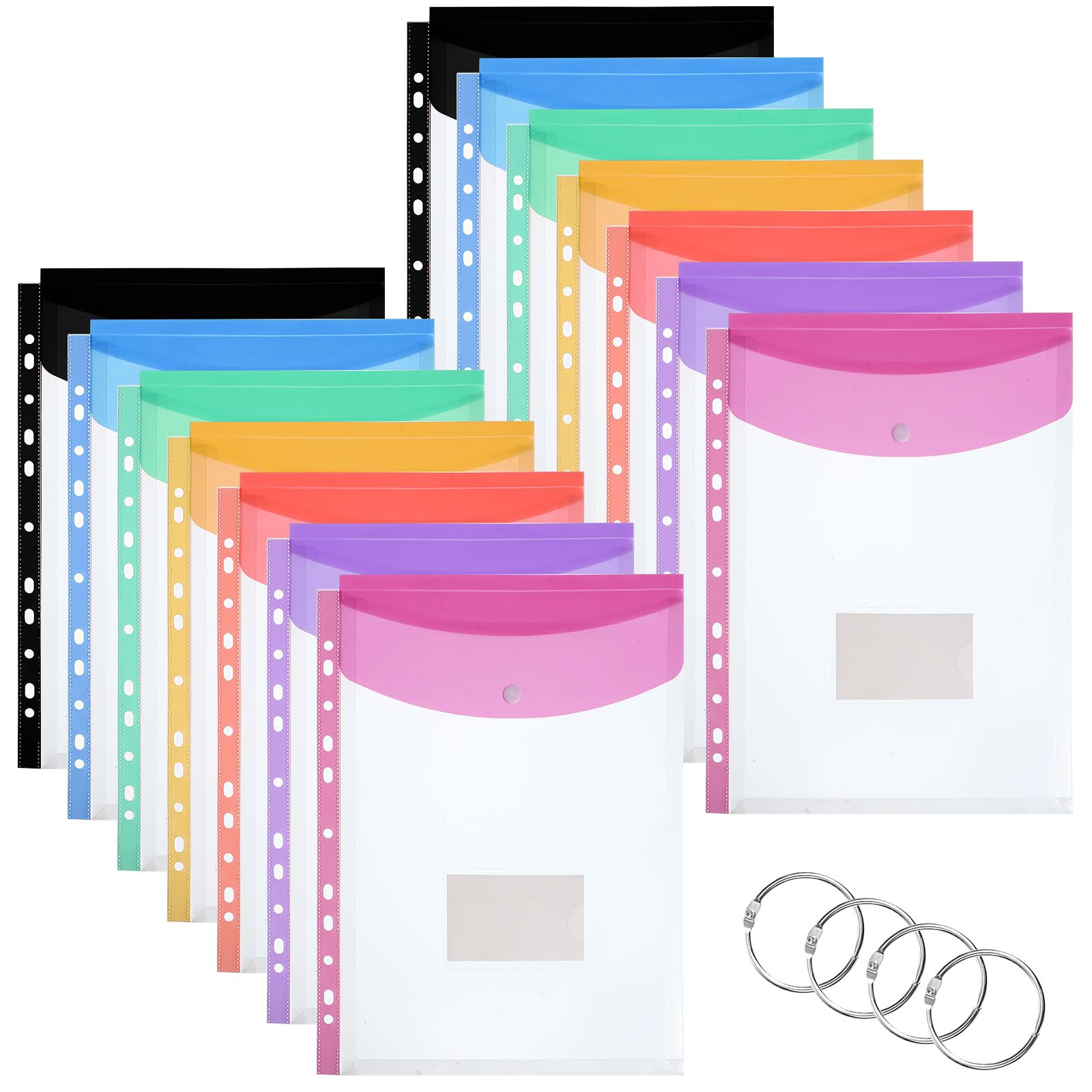 Plastic Wallets A4 Punched Pockets, 14 Pack Expandable Folders Plastic Document Files with Button,Tab Card, and 4 Binders for School, Office, Home, Travel（7 Colors）