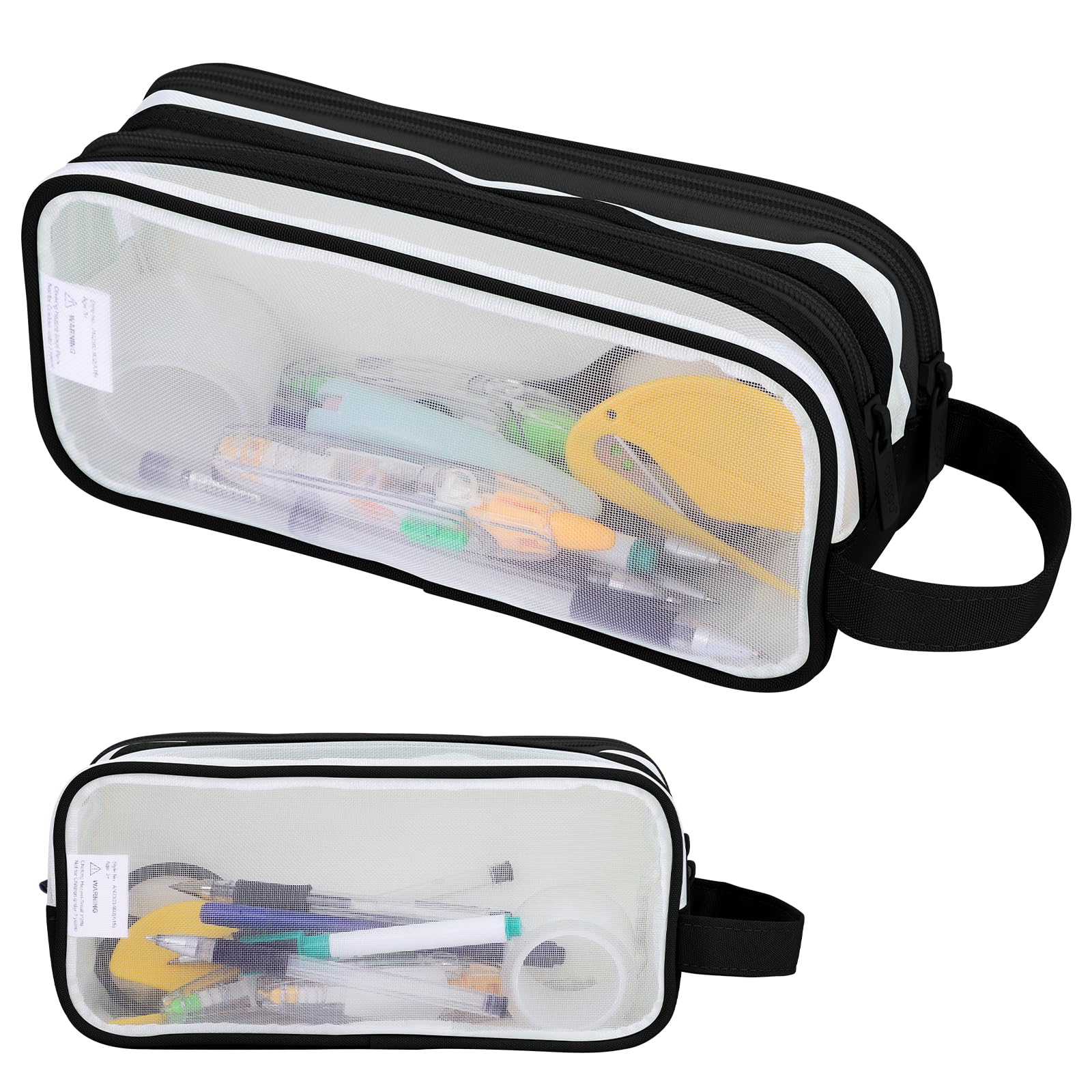 Lancry Clear Pencil Case, Large See Through with 2 Compartments for Boys, Girls & Women, Transparent Mesh Pouch for Stationery, Makeup, Travel & Office Supplies (Black)