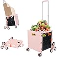FELICON SELORSS Folding Utility Cart Portable Rolling Crate Handcart with Stair Climbing Wheels&360°Swivel Wheels Telescoping Handle Plastic Box Dolly for Travel Shop Move Office Teacher Use(Pink)