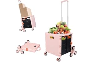 FELICON SELORSS Folding Utility Cart Portable Rolling Crate Handcart with Stair Climbing Wheels&360°Swivel Wheels Telescoping Handle Plastic Box Dolly for Travel Shop Move Office Teacher Use(Pink)
