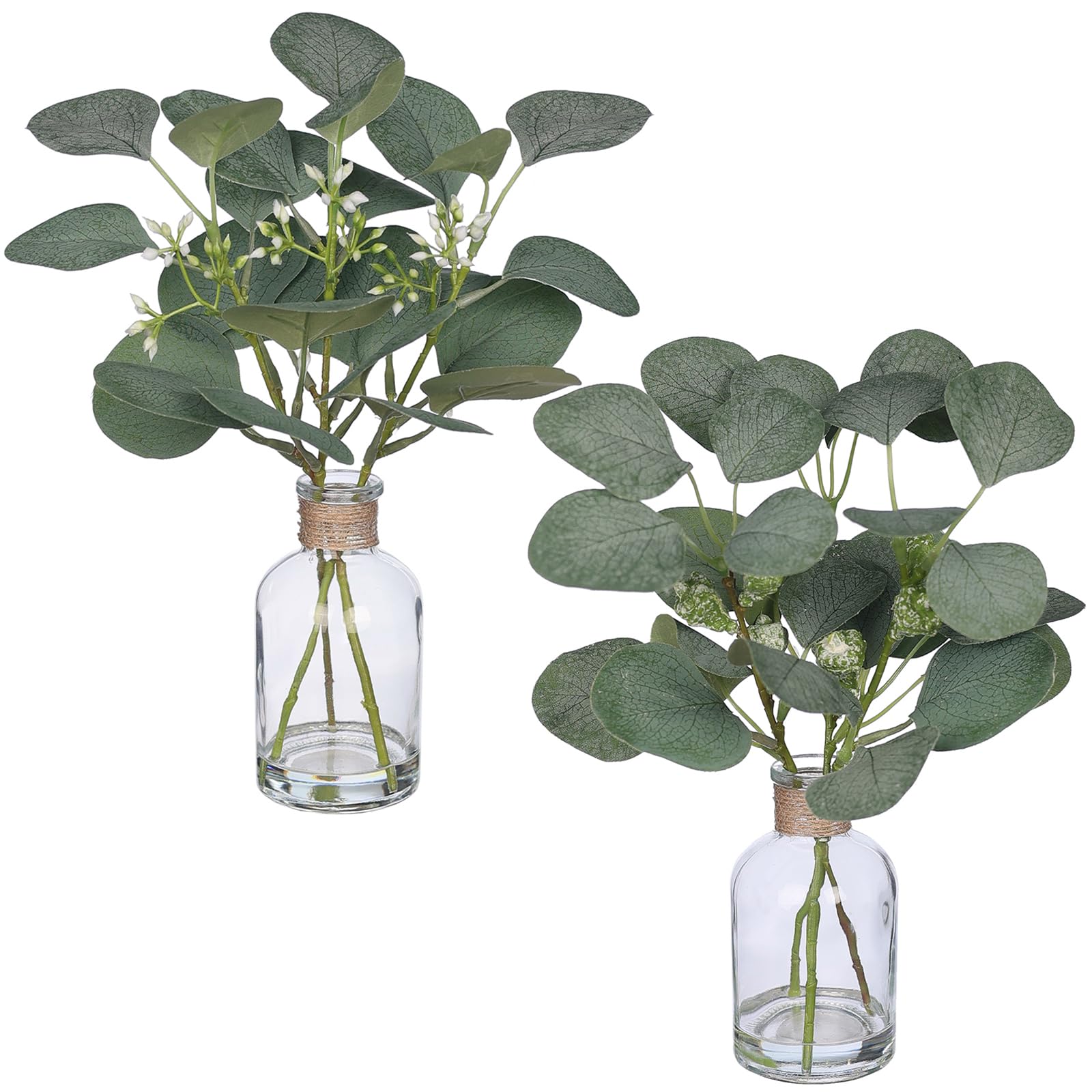 Photo 1 of ***ONLY ONE***Zheart 2 Pack Small Fake Plants Eucalyptus Potted?Artificial Eucalyptus Stems in Glass Vase with Faux Water for Shelf Desk Bathroom Farmhouse Room Office Coffee Table Kitchen Home Decor (Green)