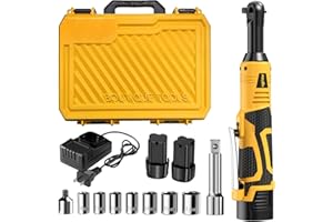 FULLYEA Cordless Electric Ratchet Wrench Set, 550RPM, 45Ft-lbs, 16.8V Extended cordless ratchet wrench 3/8, Power Ratchet with Variable Speed, 1/4" Adapter, 2 * 2.0Ah Battery and Fast Charger(Yellow)