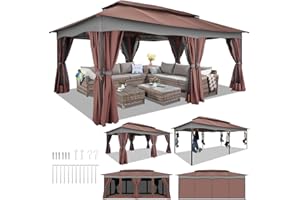 HOTEEL Gazebo 12x20, Outdoor Gazebo on Clearance with Double Ventilated Arc Roof, Privacy Curtains & Mosquito Netting, Easy Set up Canopy Tent with Stable Metal Frame for Patio, Brown