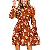 CUPSHE Women's Mock Neck Floral Mini Fall Dress Long Ruffle Sleeve Elastic Waist Smocked Casual Flowying Mini Dresses