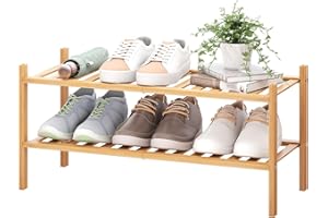 BMOSU 2-Tier Bamboo Shoe Rack Premium Stackable Shoe Shelf Storage Organizer for Hallway Closet Living Room Entryway Organizer (Natural Bamboo)
