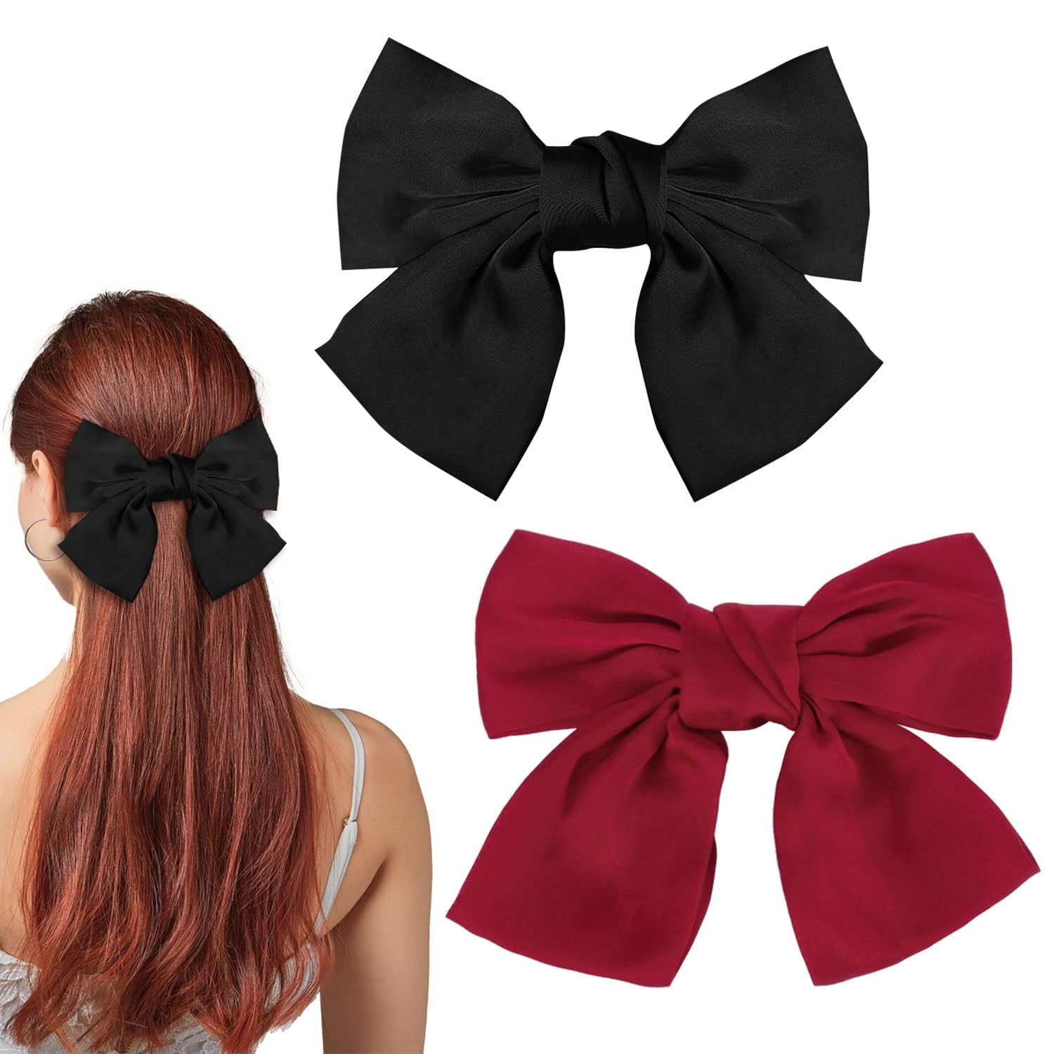 LECTNORE Bow Hair Clip - 2Pcs Black & Red Hair Bows for Women, Satin Silky Ribbon Bowknot French Barrettes Hair Accessory for Girls