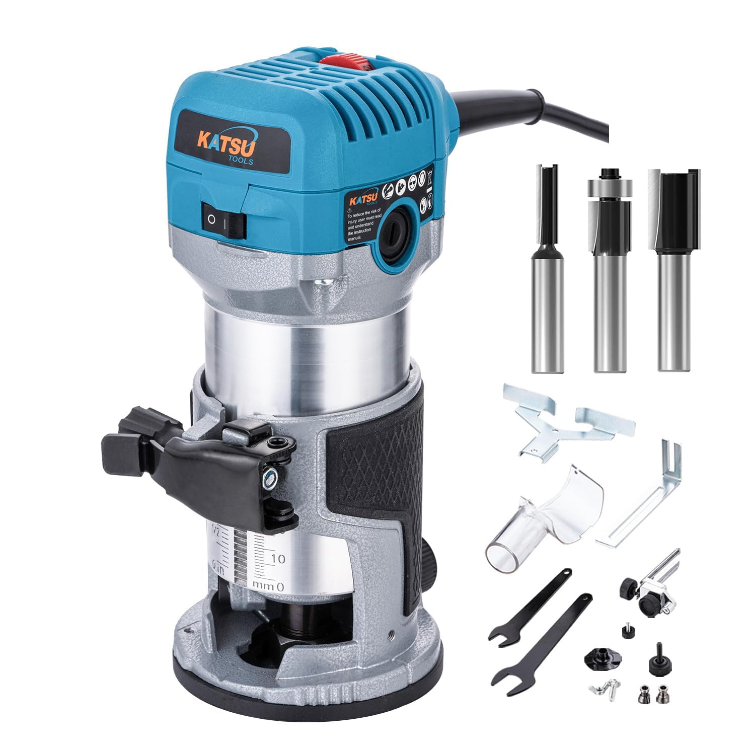 KATSU Tools Electric Hand Trimmer Wood Router Laminator Joiners Tool 710W, Soft Start, Aluminum Body and Trimmer Base, 3 Chuck Collets 1/4", 6mm and 8mm & 3X Router Bits for DIY Woodworking 101742