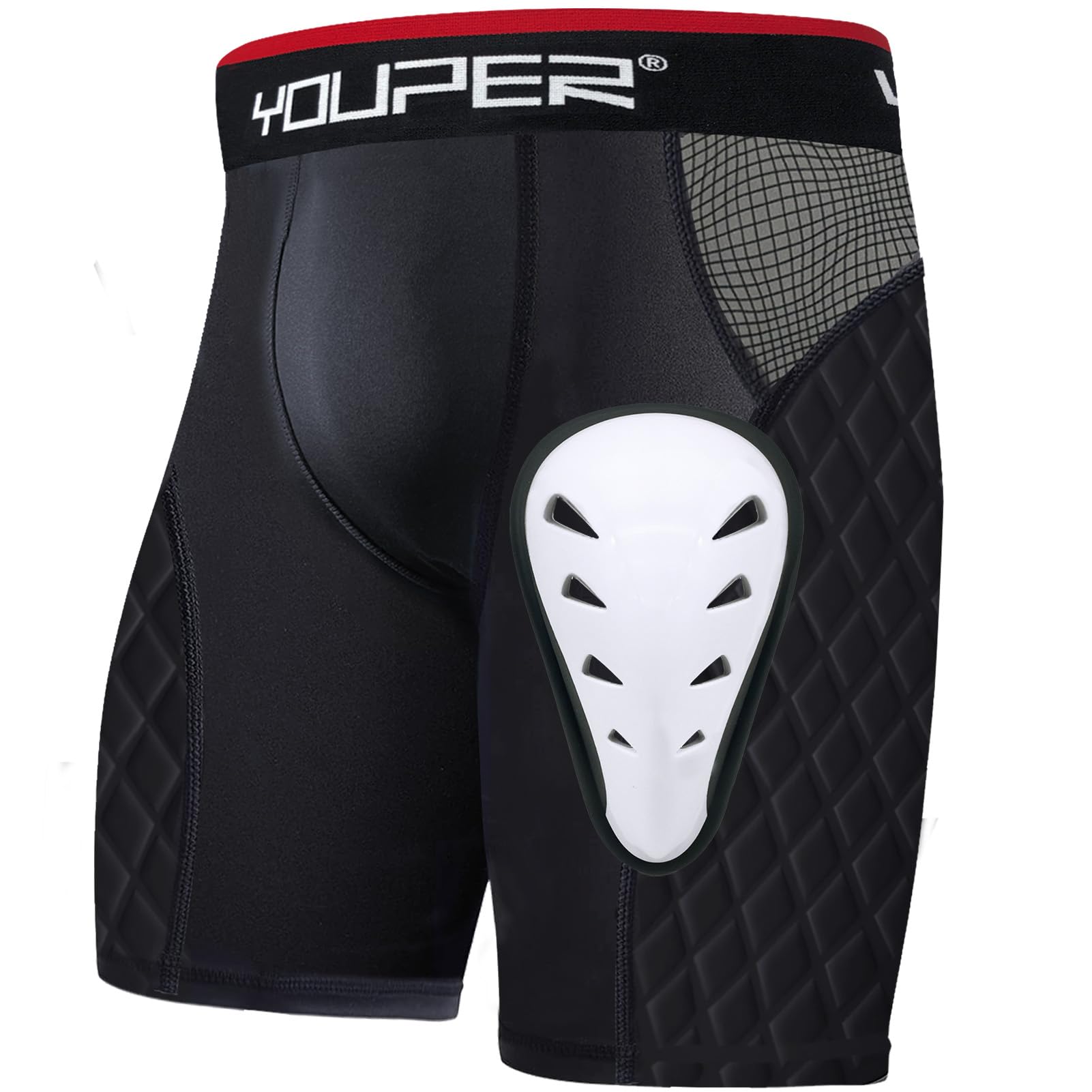Photo 1 of Youper Adult Elite Compression Padded Sliding Shorts w/Soft Athletic Cup for Baseball, Football (Black Black, Medium)