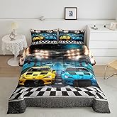 Feelyou Sports Car Comforter Extreme Sports Decor Comforter Set for Kids Boys Yellow Blue Race Car Bedding Set Cool Speed Competitive Racing Car Quilt Set Room Decor 2Pcs Twin Size