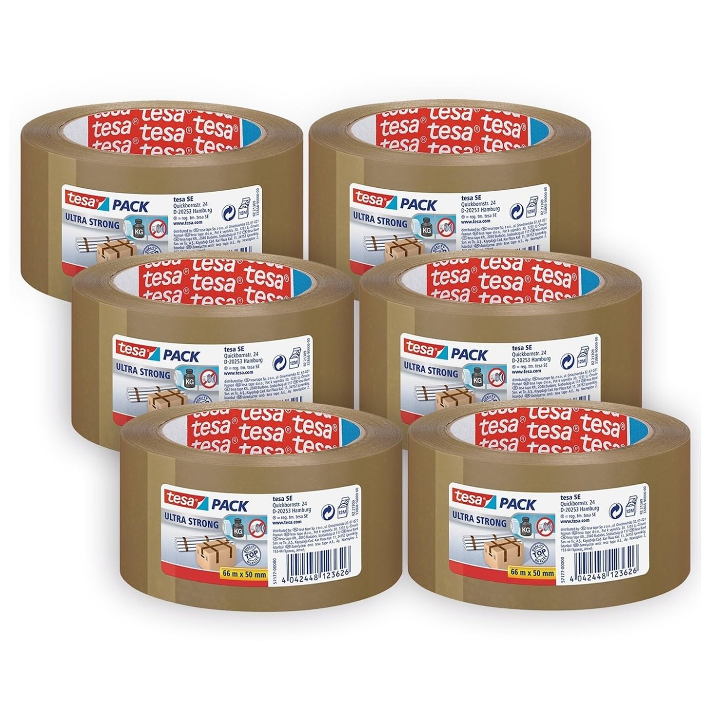 tesapack Ultra Strong - PVC Packing Tape for Firm Packaging and Secure Packing - Brown - 66 m x 50 mm, Pack of 6