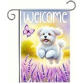 BlissYard Welcome Spring Summer Garden Flag Maltese Dog Floral Welcome Garden Flag 12x18 Inch Double Sided Yard Flags Spring Outdoor Decorative Flags for Lawn Patio Porch