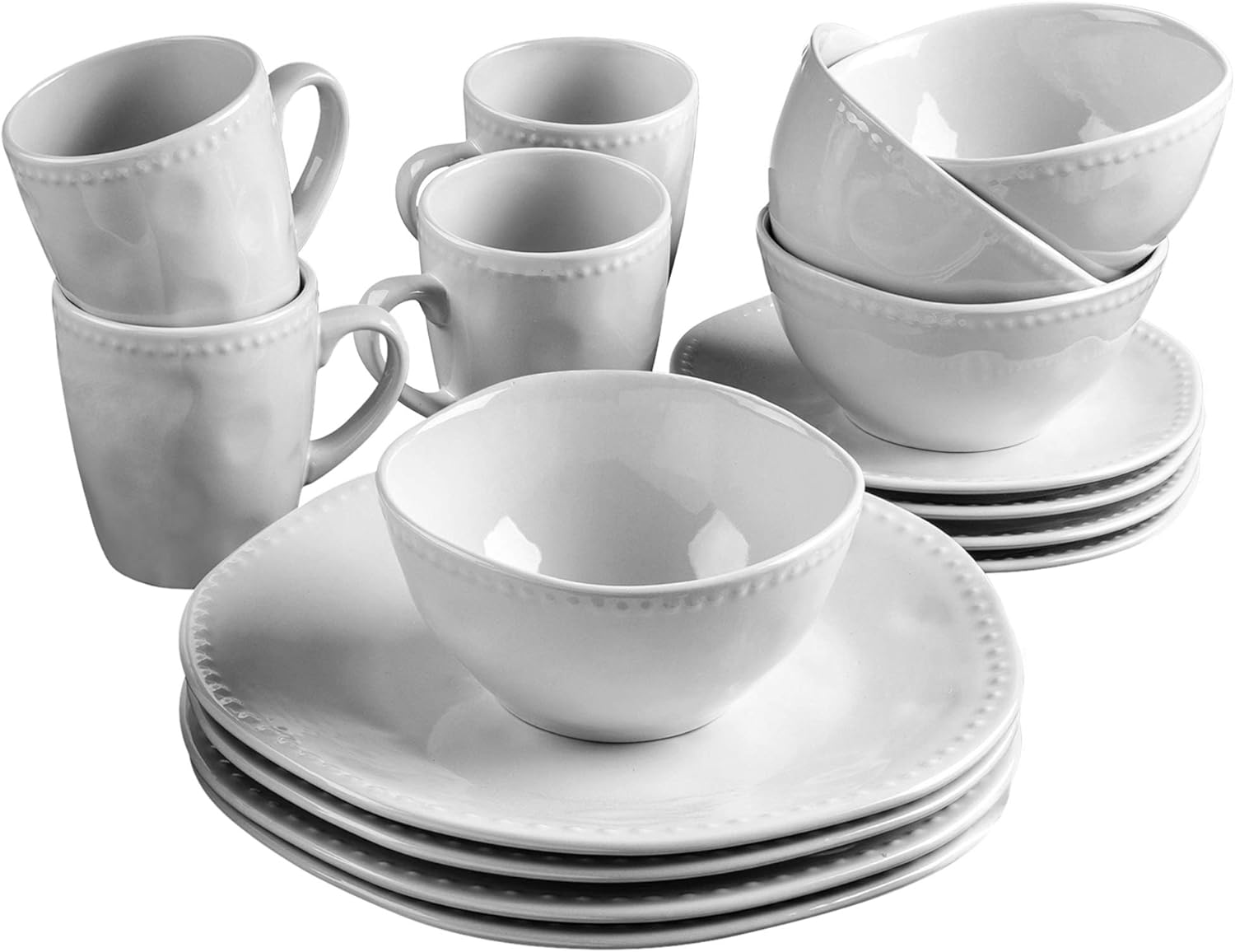American Atelier 722216RB Nadia 16 Piece Round Beaded Dinnerware Set, 10.75x10.75, White