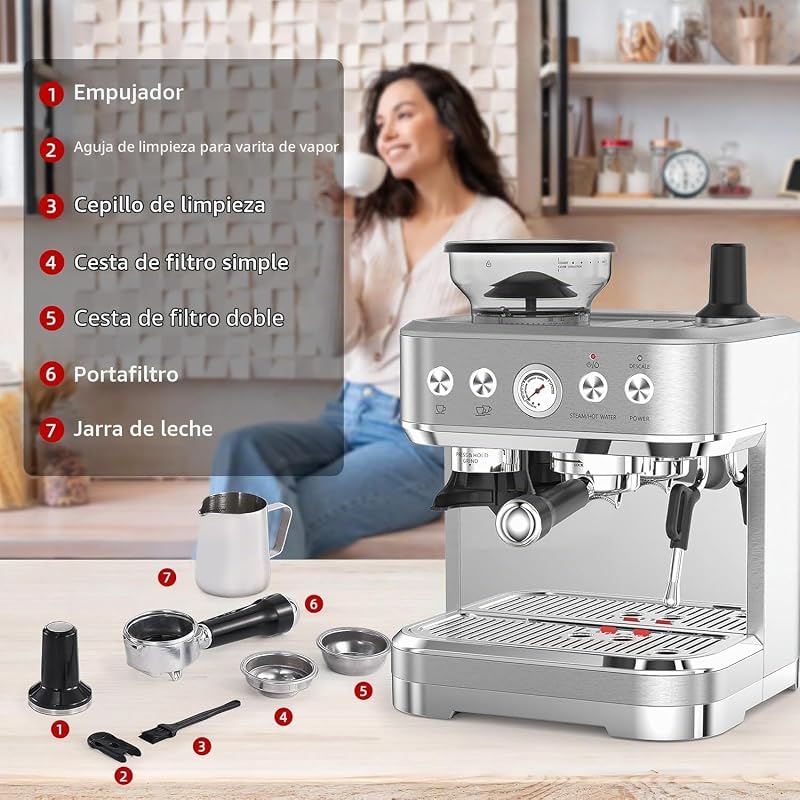 Máquina de café italiana automática com moinho integrado – 15 bares e controlo PID – espresso profissional em casa com bico a vapor, tanque de 2,3L, aço inoxidável, prata