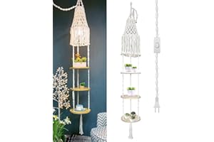DIOCOS Macrame Lamp Shade and Hanging Plant Holder Shelf Indoor for Boho Bedroom Decor Plug in Pendant Light Hanging Light with Plug in Cord and Switch for Bohemian Office Corner Reading Light (Cream)