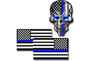 NIUBIPRO 3PCS Reflective American Flag Thin Blue Line Sticker, Thin Blue Line Skull Decal, Police Stickers Blue Lives Matter Sticker, Back The Blue Car Decal Law Enforcement Flag Car Bumper Window