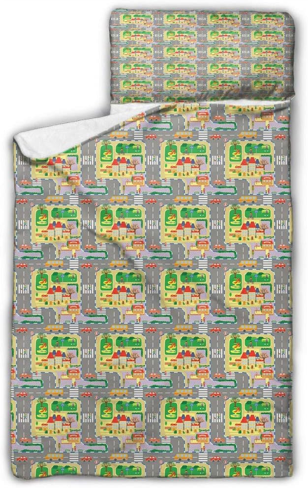 Kids Car Race Track Roadway Activity Kids Toddler Nap Mat Scene from an Urban Lively Neighborhood Cartoon Style Multicolor Daycare and Sleepovers 43X21 INCH