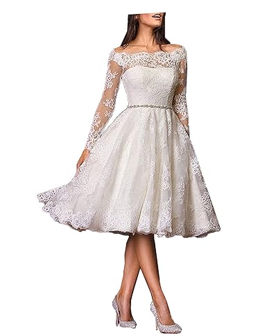 YASIOU Hochzeitskleid Brautkleid Standesamt Damen A Linie Spitze Tüll Weiß Vintage mit ärmel Knielang Langarm Hochzeitskleide