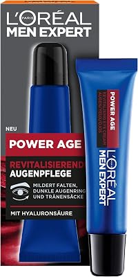L'Oréal Men Expert Augencreme gegen Falten für Männer, Anti-Aging Augenpflege für müde und matte Haut, Herren Feuchtigkeitspflege mit Hyaluronsäure, Power Age, 1 x 15 ml