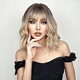 ZYYDSGO Ombre Blonde Wig Short Wavy Wig for Women Bangs Wigs Cosplay Shoulder Length Bob Curly Women's Charming Synthetic Wigs Ombre Blonde